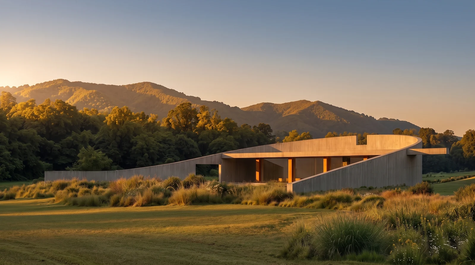 A photorealistic render of a long low concrete house with a curved cantilevered roof in a meadow, lit by low golden hour sun raking across the facade, produced from the first exterior prompt