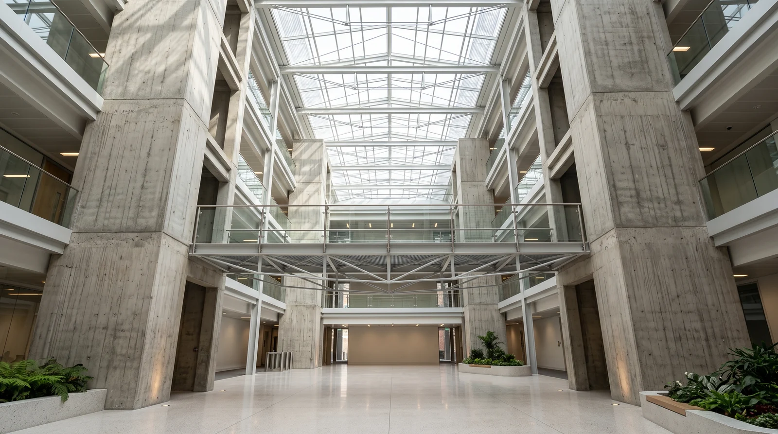 A photorealistic render of a full height office atrium with board formed concrete cores, a steel bridge at level three and patterned daylight falling from a glazed roof onto a terrazzo floor