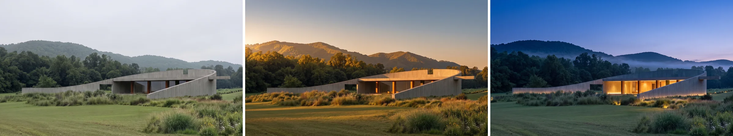 The same concrete house rendered three times from one prompt with only the light clause changed: flat overcast daylight, warm golden hour with long shadows, and blue hour with the interior lights glowing through the glazing