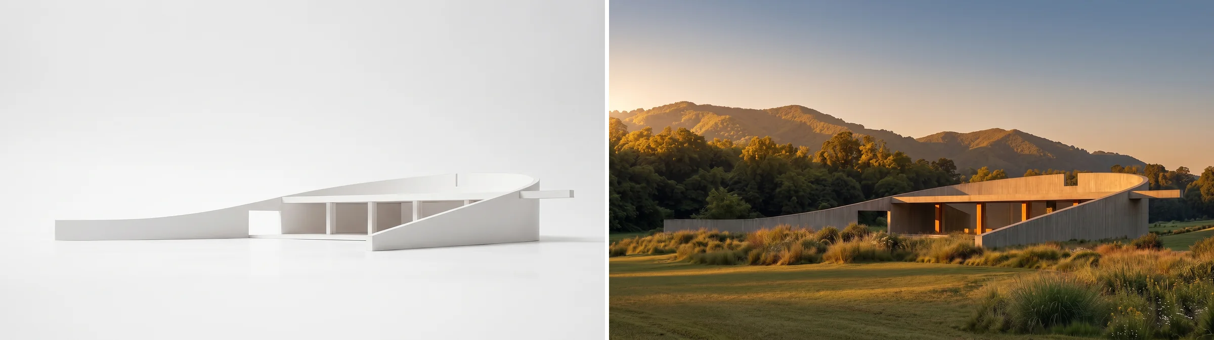 Left, the same house as a plain white card massing model on a white ground plane. Right, the finished photorealistic render of the identical building in golden hour light