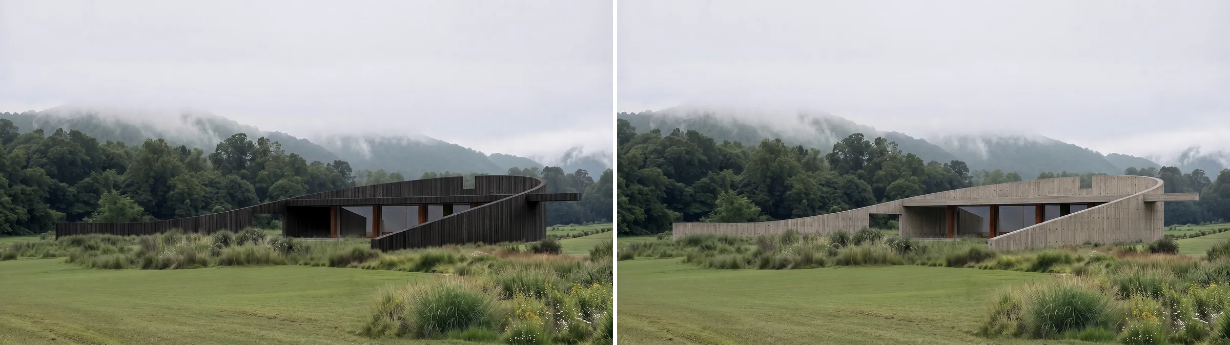 The same house rendered twice with only the material clause changed: on the left vertical charred timber cladding, on the right board formed concrete with visible tie holes