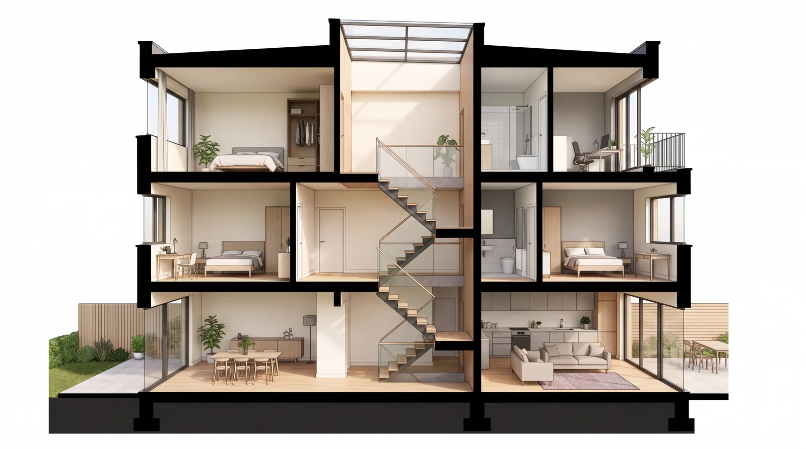 A section perspective render of a three storey house cut through the stair, the cut face in solid dark poche, the rooms beyond rendered in soft colour with daylight from the stair rooflight