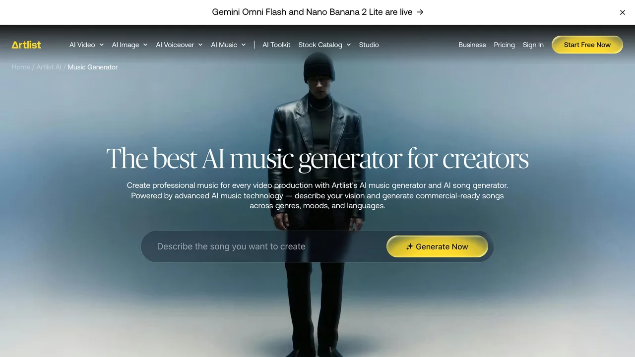 Artlist's AI music generator and licensed catalog, used to score a real estate listing video with a track cleared for commercial and social use