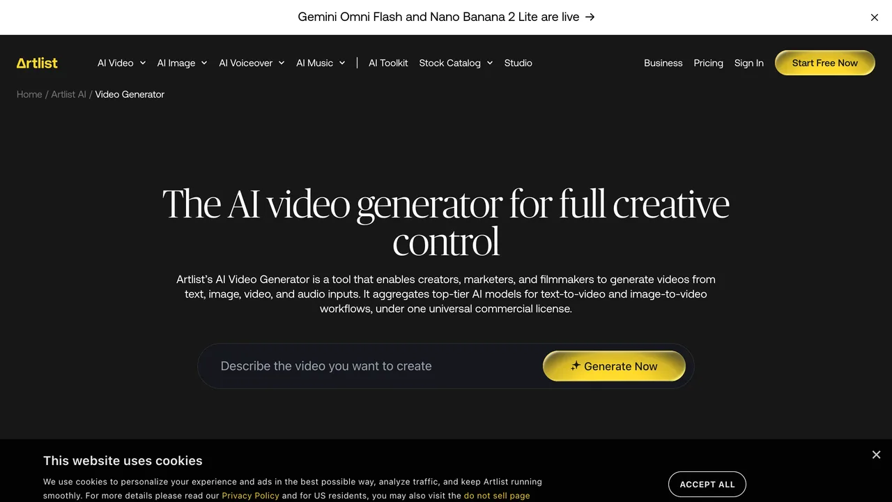 Artlist's AI Video Generator, which aggregates top-tier image-to-video models like Veo 3.1, Kling 3.0 and Sora 2 under one license to add camera motion to a staged real estate photo