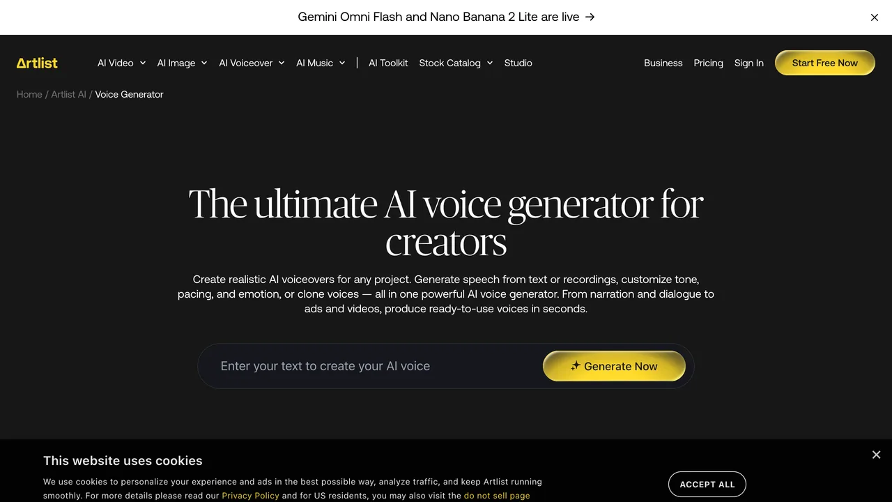 Artlist's AI voiceover tool with a real estate script pasted in and a natural ElevenLabs voice selected to narrate a property listing video