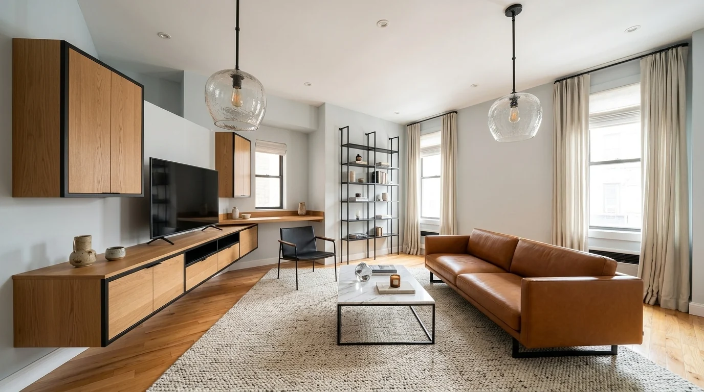 AI-staged living room with a marble coffee table, French oak console, cast glass lighting, and a low leather sofa, Ashley Luxe premium collection style 2026