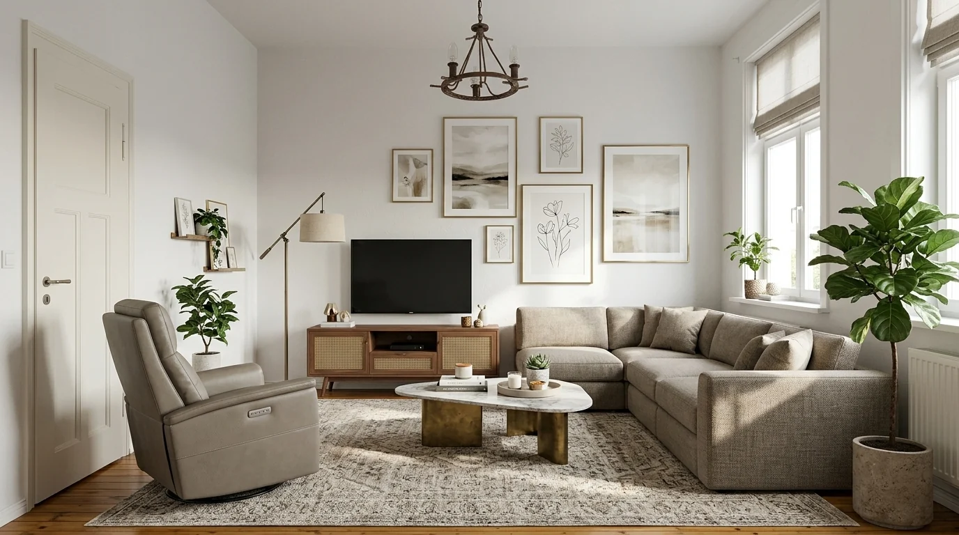 A modern living room furnished with Ashley's strongest categories: a large modular performance-fabric sectional, a power recliner, and a sculptural coffee table in a warm neutral palette, 2026