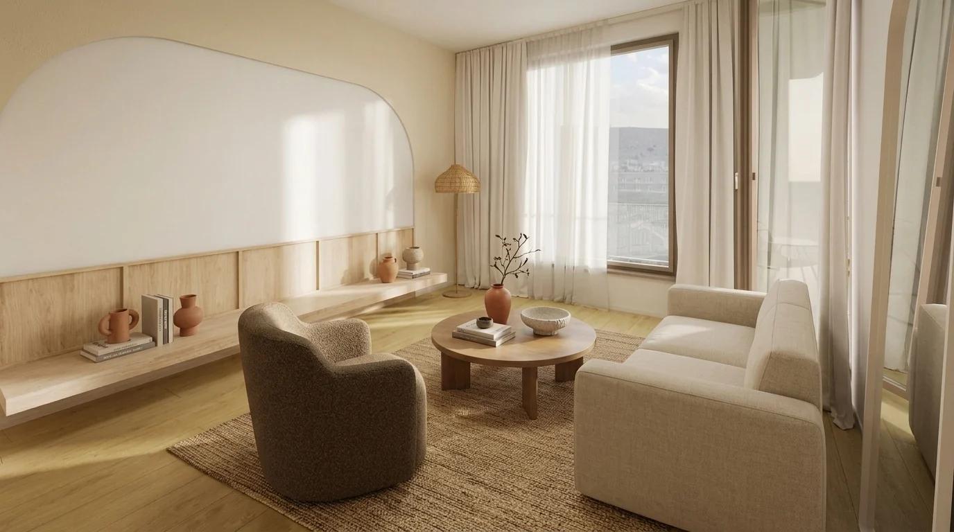 Ashley HomePop brown boucle swivel accent chair visualized with MeltFlex in a warm modern living room with a neutral sofa and wood coffee table, 2026 boucle texture trend