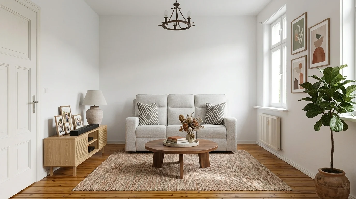 Ashley Jasperson stone-gray power reclining sofa in Nuvella performance fabric, visualized with MeltFlex in a family living room, 2026