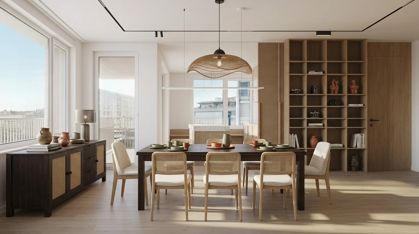 Ashley Haddigan dark wood dining extension table visualized with MeltFlex, surrounded by upholstered and cane chairs under a statement pendant, substantial 2026 dining trend