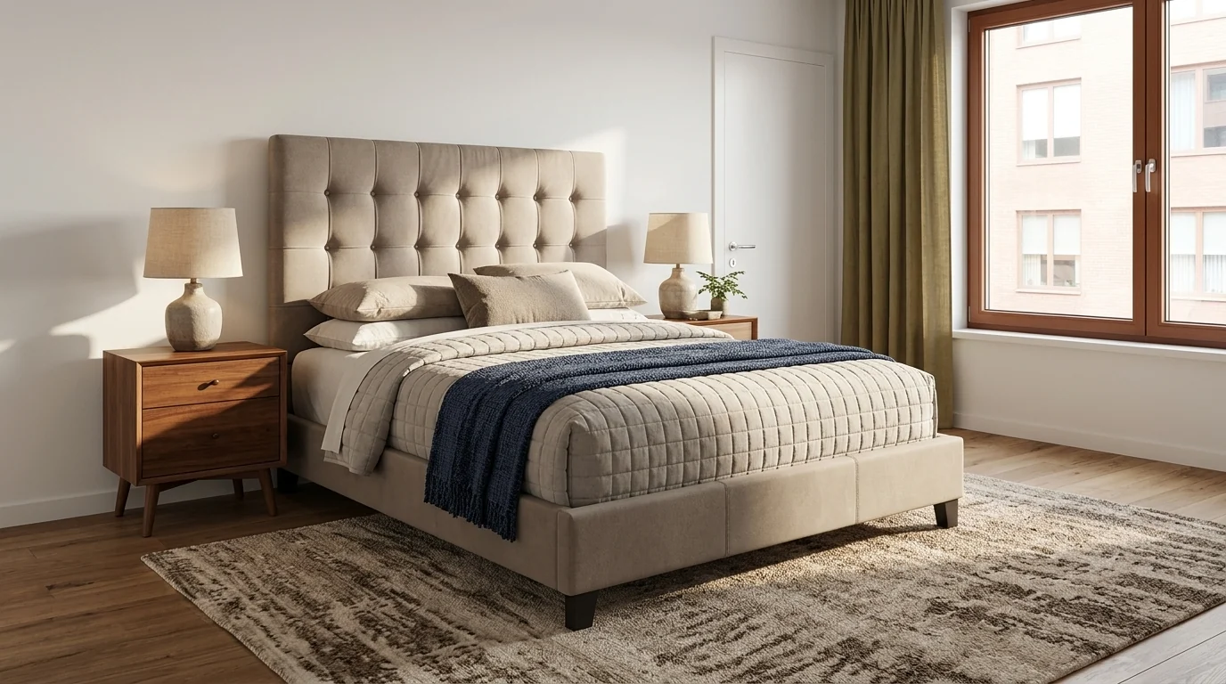 Ashley Dolante upholstered bed visualized with MeltFlex in a serene bedroom with wood nightstands, layered neutral bedding and a wool rug, 2026 upholstered bed trend