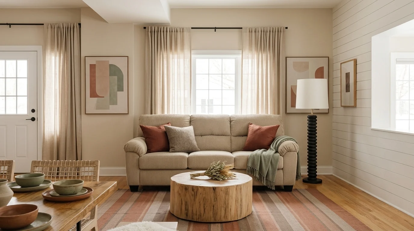 Ashley SimpleJoy sand-colored sofa visualized with MeltFlex in a warm-neutral living room with terracotta and muted sage accents, 2026 earthy palette