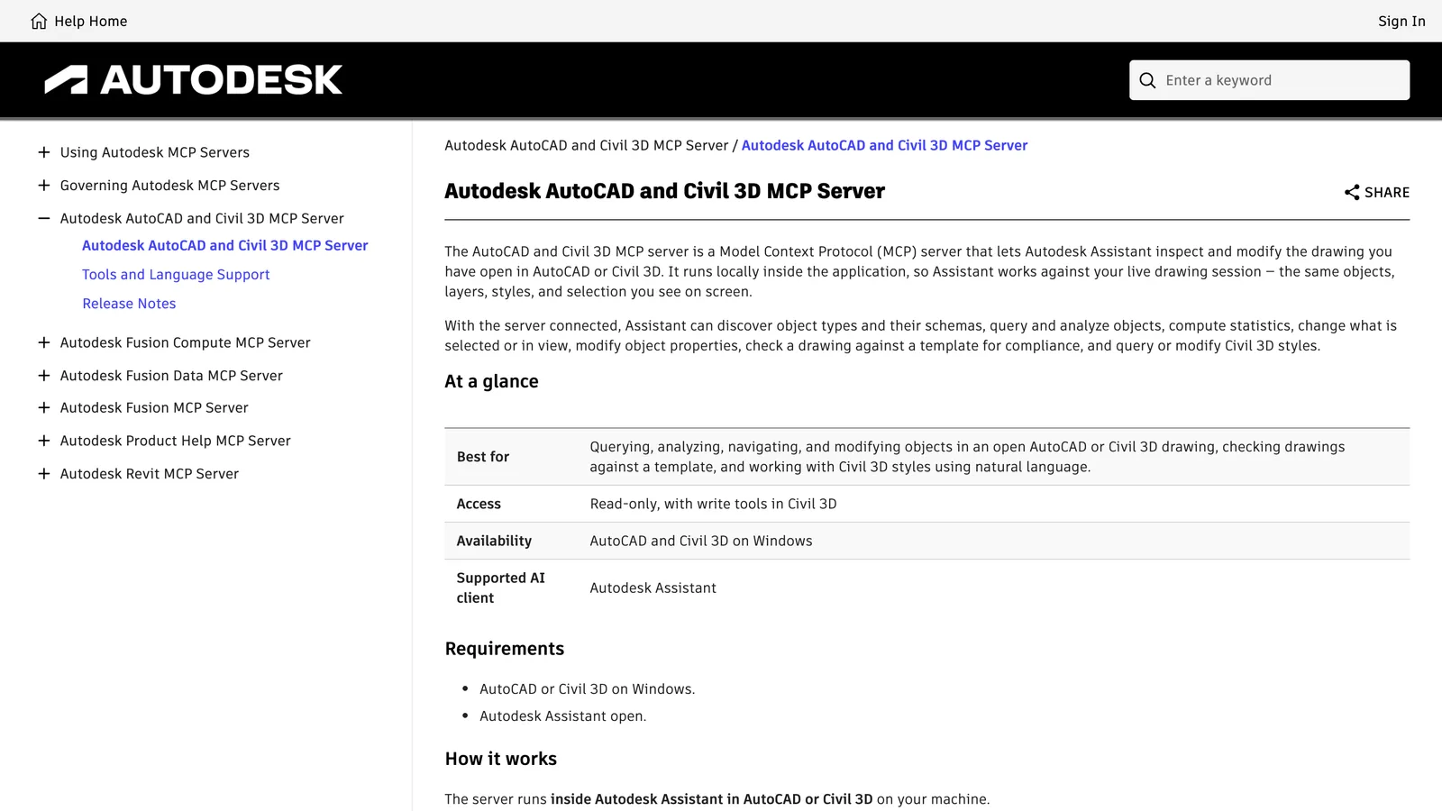 Autodesk's help page titled Autodesk AutoCAD and Civil 3D MCP Server, with an At a glance table: Best for querying, analyzing, navigating and modifying objects in an open AutoCAD or Civil 3D drawing; Access read-only, with write tools in Civil 3D; Availability AutoCAD and Civil 3D on Windows; Supported AI client Autodesk Assistant