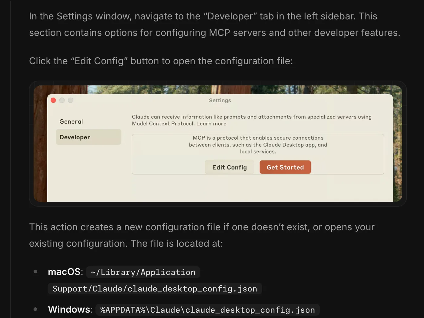 The Model Context Protocol documentation showing Claude Desktop's Settings window with the Developer tab selected and an Edit Config button, followed by the config file locations for macOS and Windows