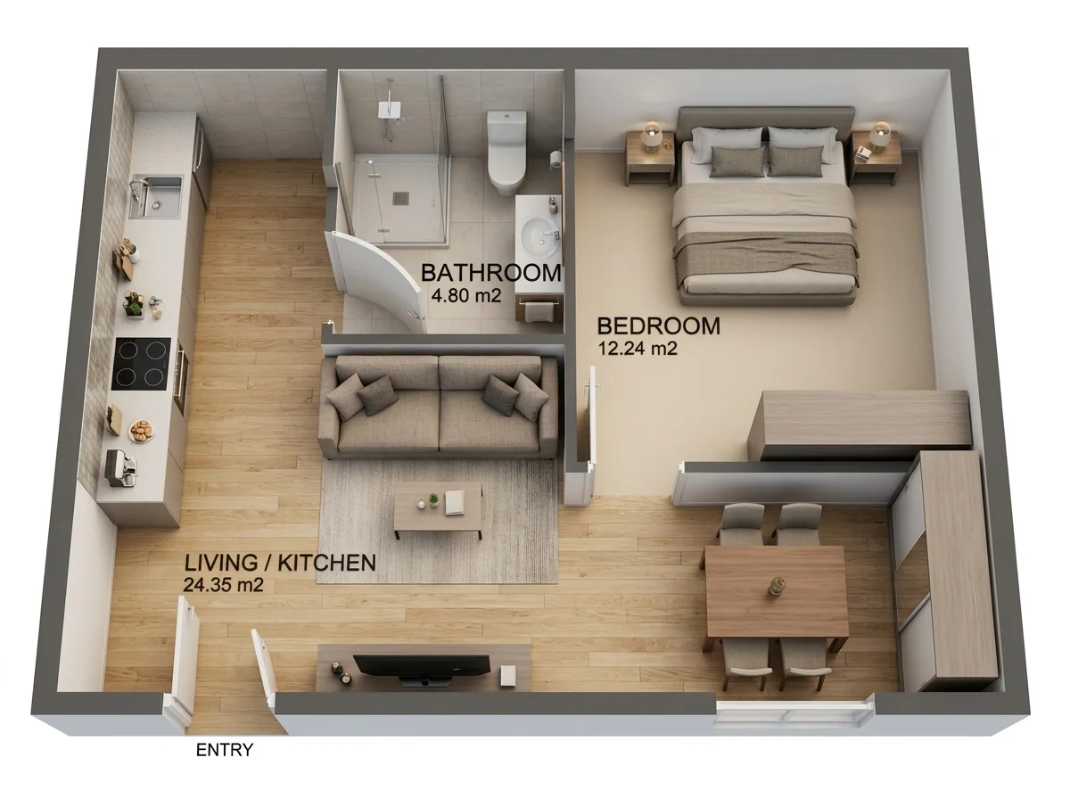 A photorealistic isometric 3D render of Claude's floor plan: a kitchen run with sink and hob on the left wall, a bathroom with glass shower, toilet and basin, a bedroom with a queen bed and nightstands, a grey sofa with a coffee table and TV unit, and a wooden dining table with four chairs, with the room labels and areas from the plan