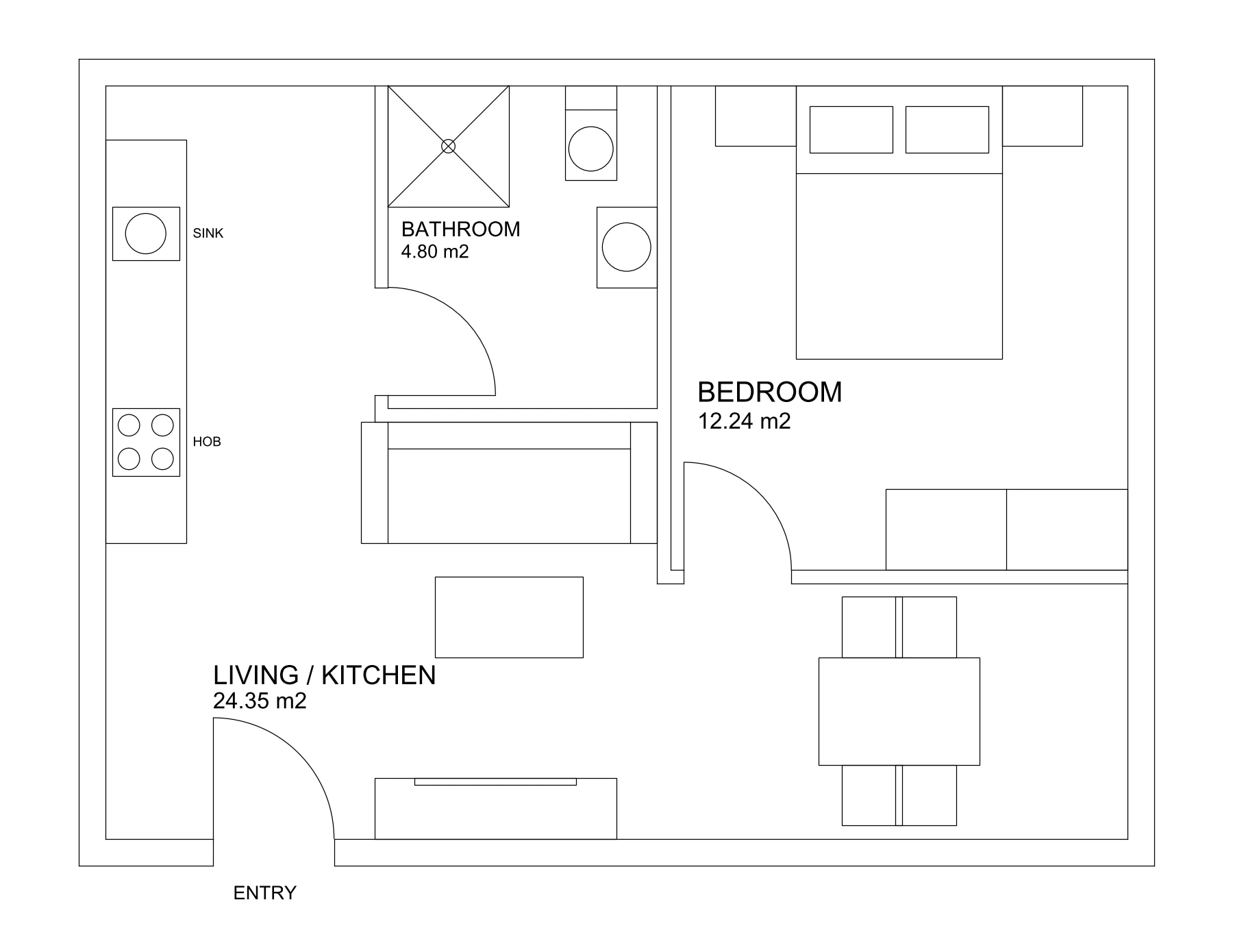 A black and white CAD floor plan drawn by Claude through an AutoCAD MCP server: a one bedroom flat with a kitchen run on the left wall, a bathroom with shower, toilet and basin at the top, a bedroom with a queen bed, nightstands and wardrobe on the right, a sofa, coffee table and TV unit in the living area, a dining table with four chairs, three doors with swing arcs, and room labels Bathroom 4.80 m2, Bedroom 12.24 m2 and Living / Kitchen 24.35 m2