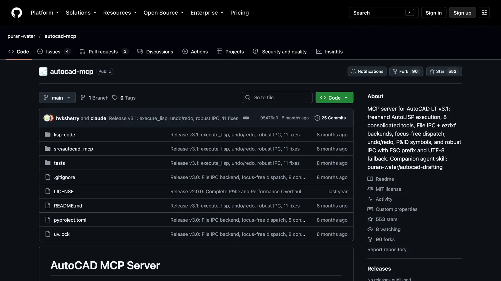 The GitHub page of puran-water/autocad-mcp, an MCP server for AutoCAD LT v3.1 with freehand AutoLISP execution, 8 consolidated tools and File IPC plus ezdxf backends, showing 553 stars, 90 forks, an MIT license and a last commit by hvkshetry and claude eight months ago