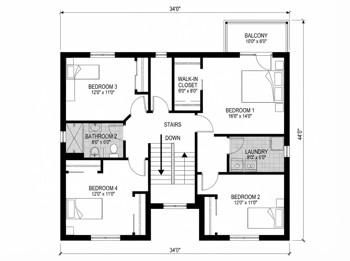 Upper floor plan of a 34 by 44 foot house with three secondary bedrooms labeled 12 by 11 feet, a primary bedroom labeled 16 by 14 feet with a walk-in closet, a bathroom, a laundry room and a stair hall