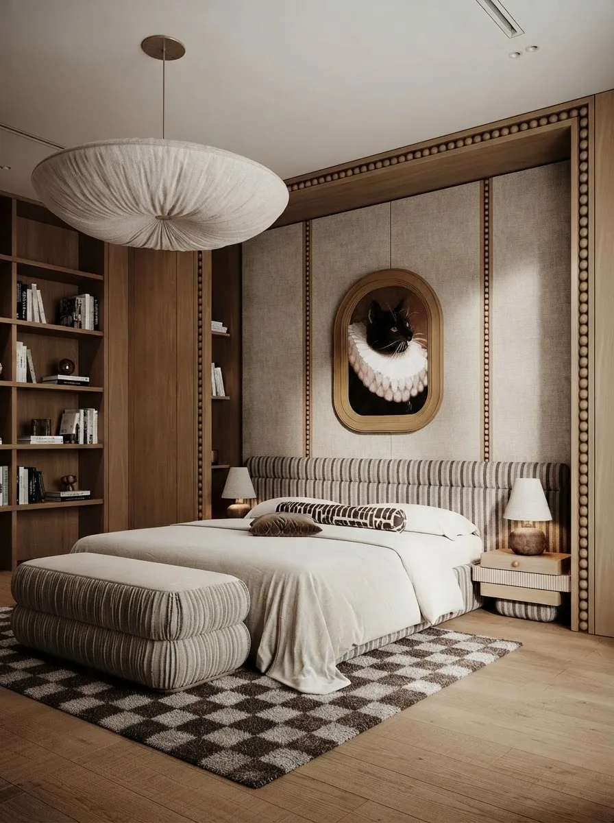 Bedroom render with a striped upholstered bed and bench, a wall of bookshelves on the left, ribbed wood panels and a checkered rug