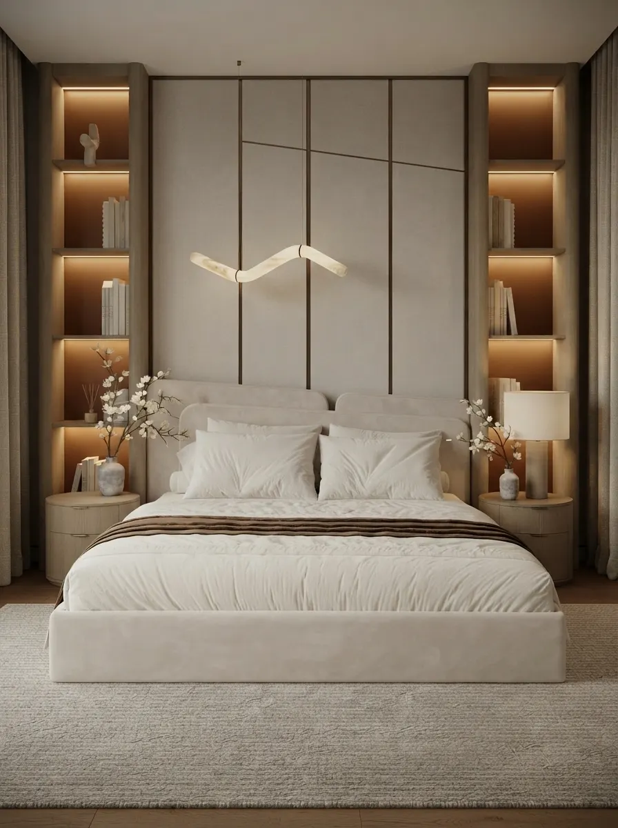 Symmetrical master bedroom render with an upholstered king bed, round nightstands with lamps and lit built-in shelving on both sides of the headboard wall