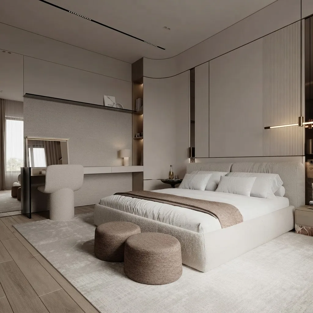 Spacious bedroom render with a cream upholstered bed, two round poufs at its foot, a vanity desk with a mirror and chair beside the window, and a curved paneled wall