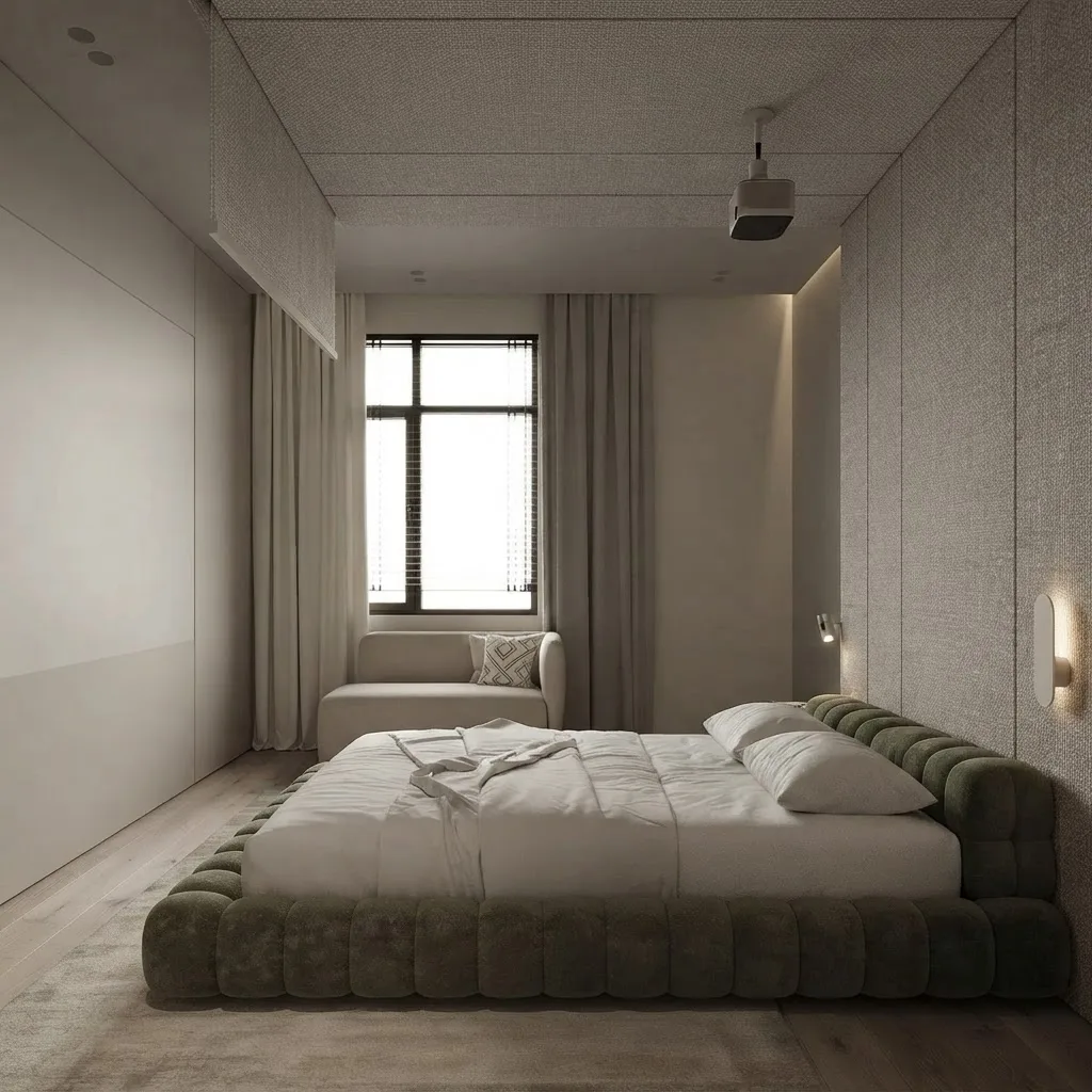 Long narrow bedroom render with a low green upholstered platform bed across the width of the room, a small armchair under the window at the far end and wall sconces
