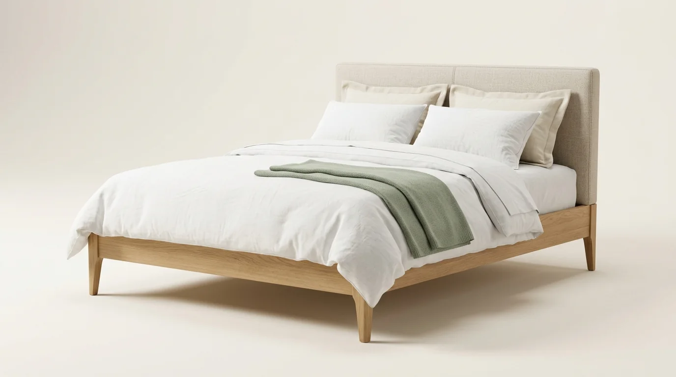 CGI product render of a mid-range queen bed with a white oak frame and low upholstered oatmeal linen headboard, dressed in layered white bedding with a sage green throw, on a clean studio background