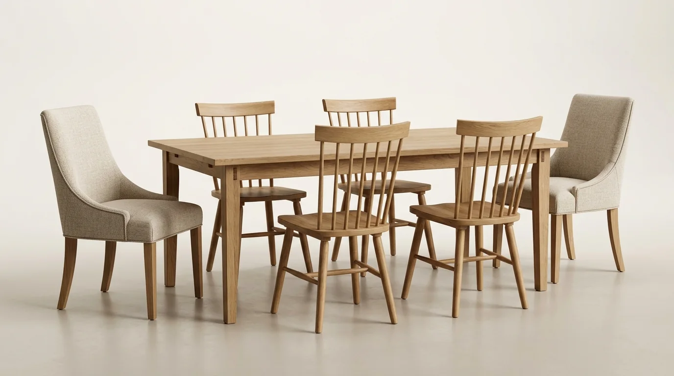 CGI product render of a mid-range six-person dining set: rectangular white oak table, two upholstered oatmeal host chairs at the ends, and four solid oak spindle side chairs, on a clean studio background