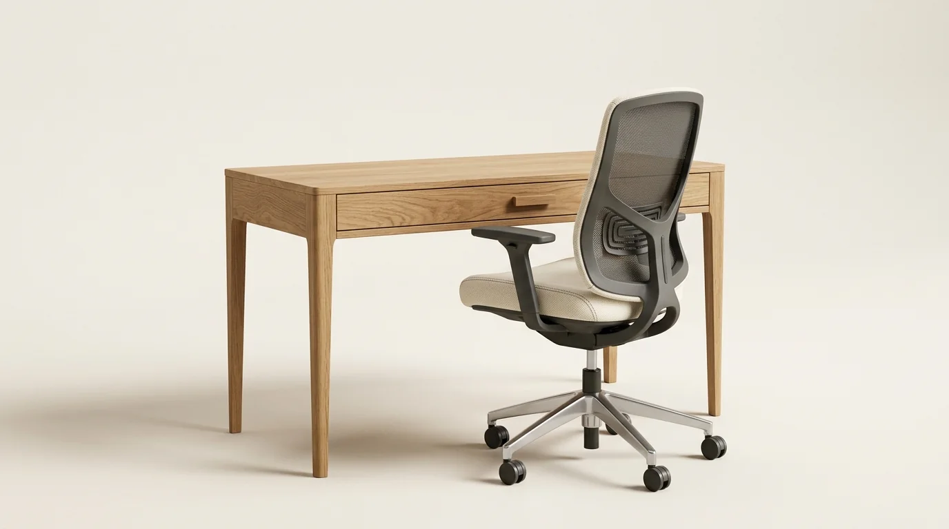 CGI product render of a mid-range home office pair: a white oak desk with slim legs and one drawer, and a residential ergonomic desk chair with cream fabric seat and mesh back, on a clean studio background