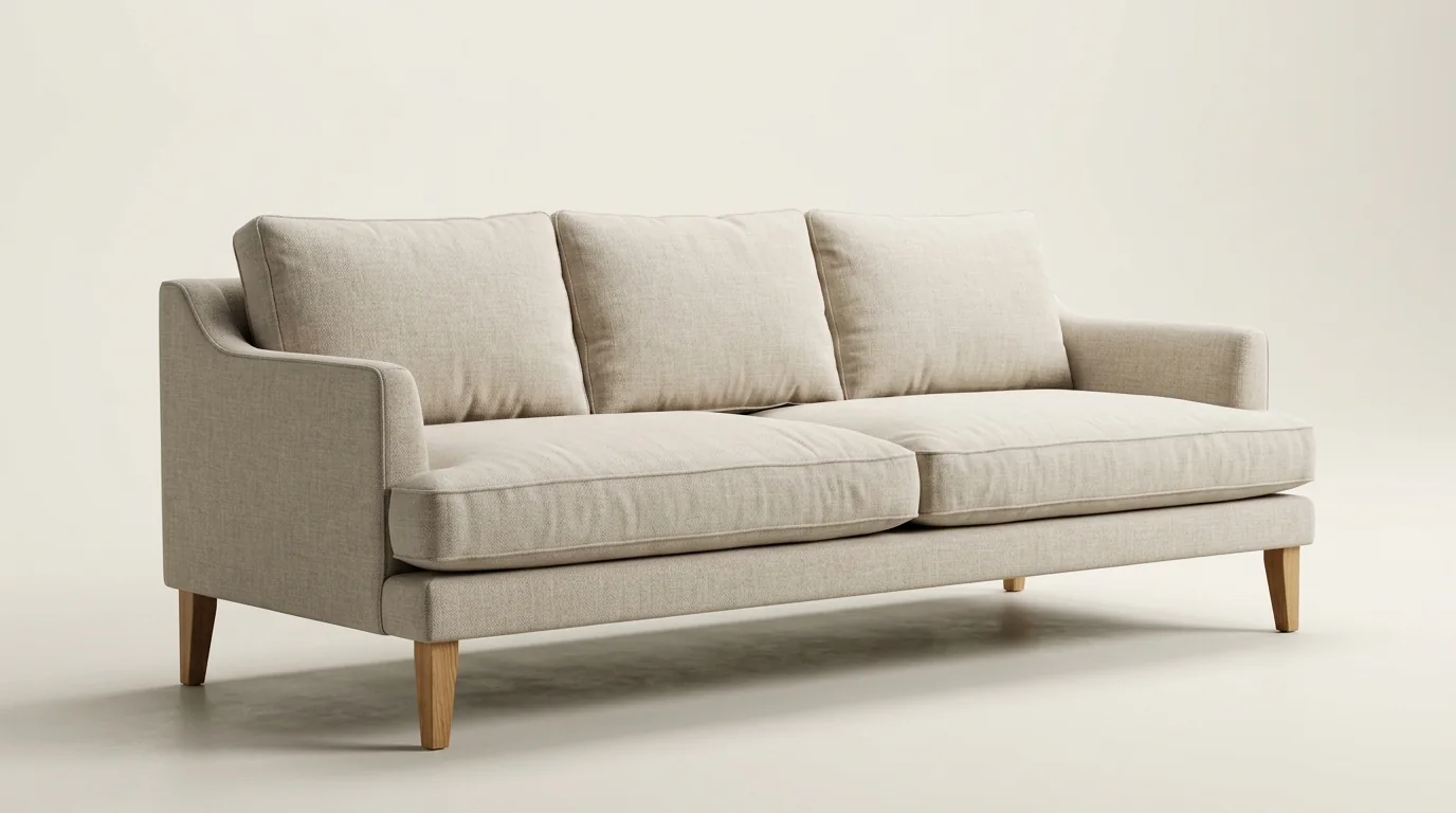CGI product render of a mid-range three-seat sofa in oatmeal linen with feather-wrapped cushions, slim track arms, and light oak tapered legs on a clean studio background