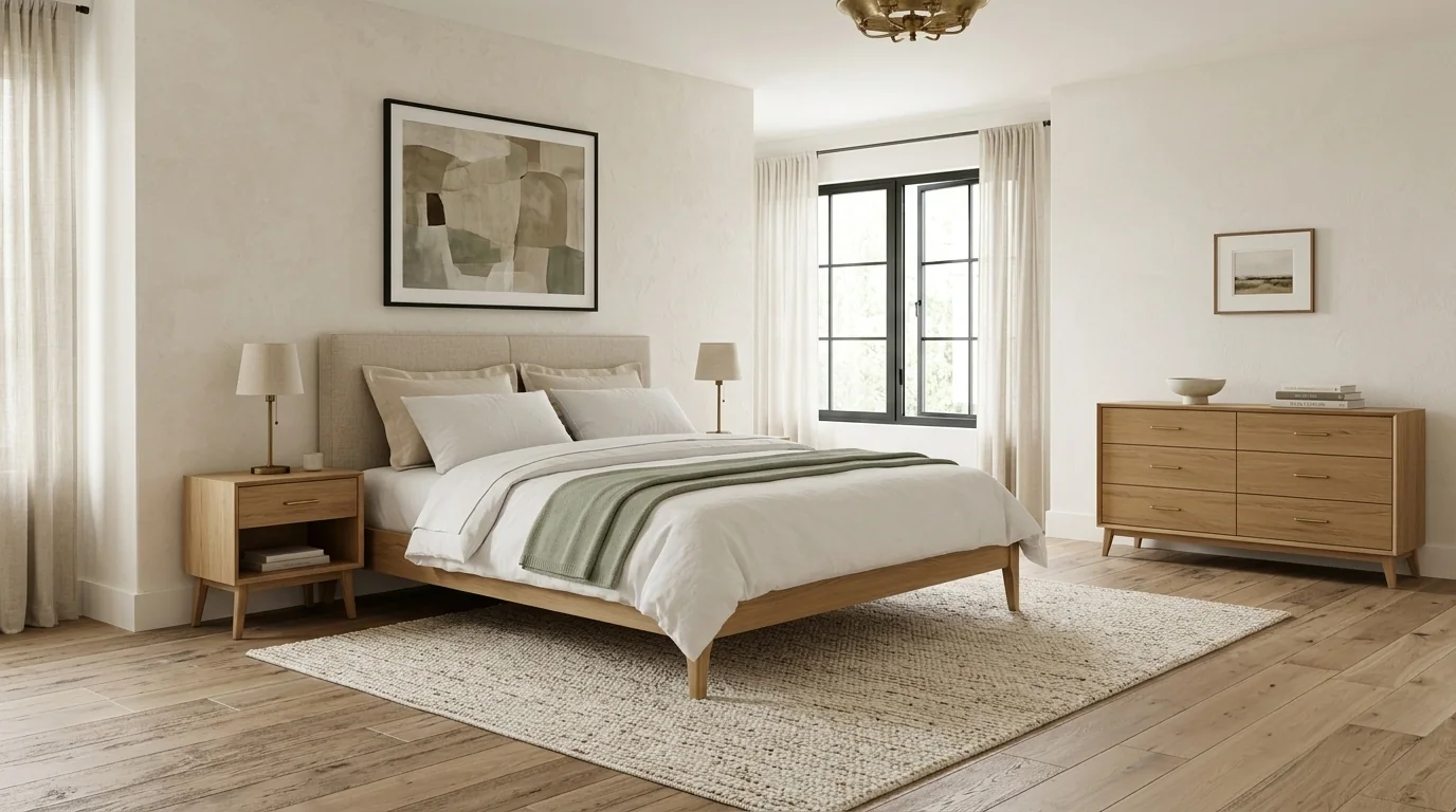 Bedroom furnished around the same white oak queen bed: two matching oak nightstands with brass lamps, a six-drawer oak dresser, framed art, and a textured cream wool rug