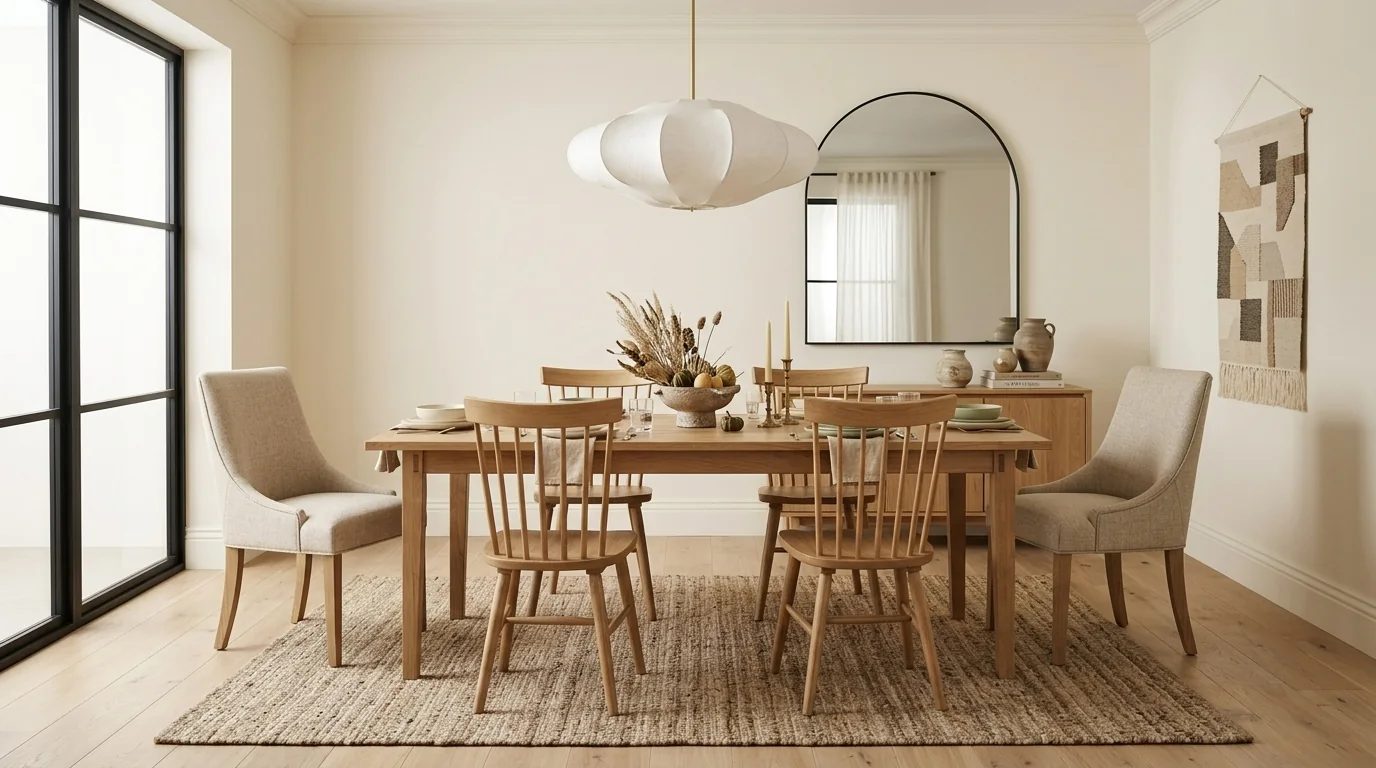 Dining room furnished around the same white oak dining set: table set for six on a flat-woven jute rug, paper pendant lamp, arched mirror, oak sideboard with ceramics, and a woven wall hanging