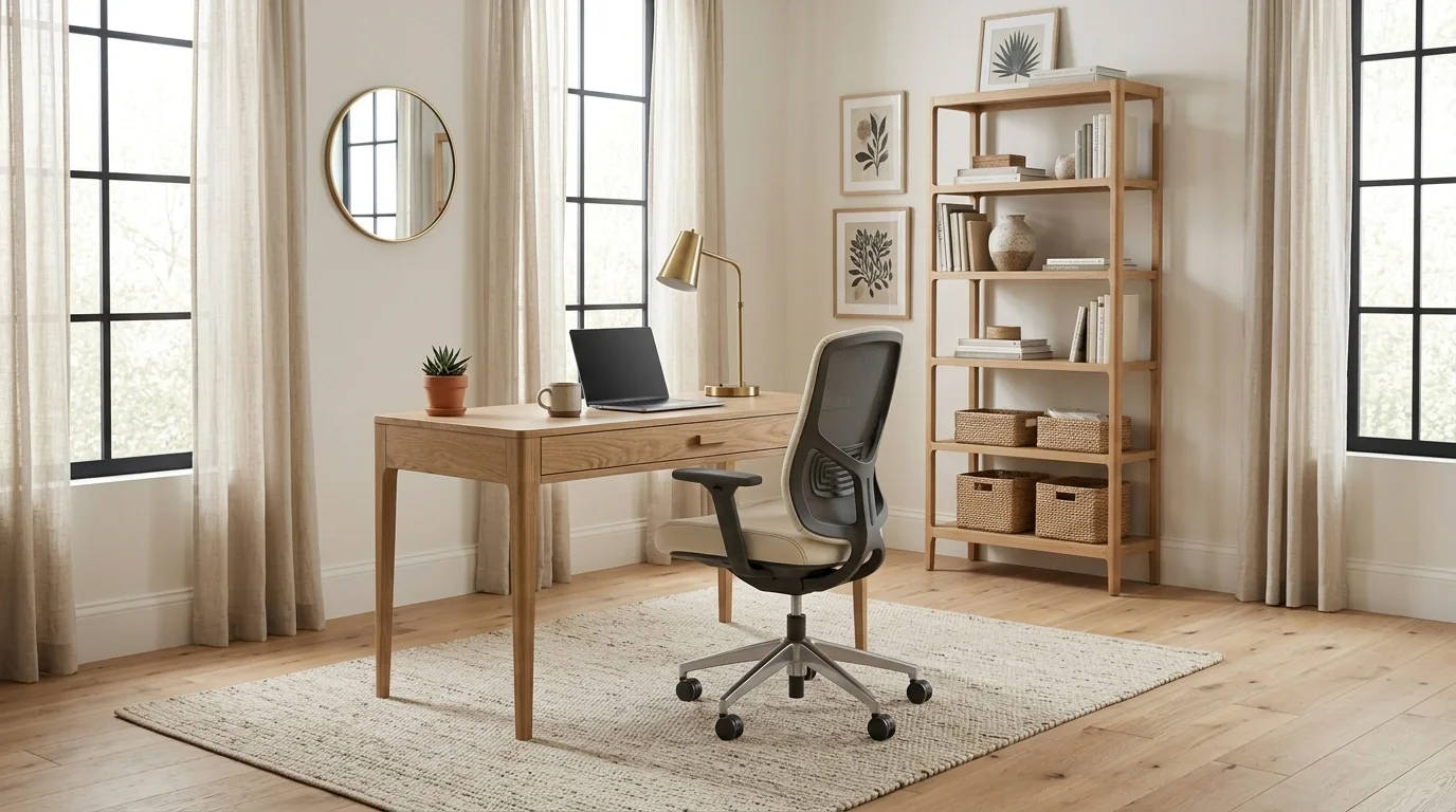 Home office furnished around the same oak desk and cream ergonomic chair: desk by the window with a laptop and brass task lamp, tall oak bookshelf with books and woven baskets, and a small wool rug