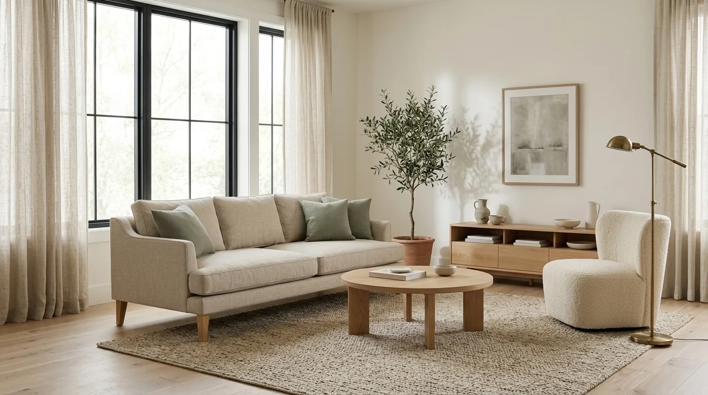Living room furnished around the same oatmeal linen sofa: round white oak coffee table, oak media console, cream boucle accent chair, brass floor lamp, sage green pillows, and a large woven wool rug