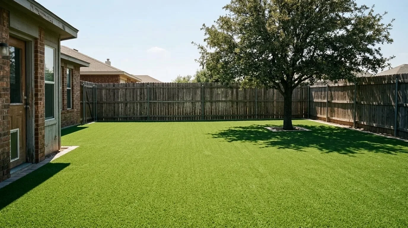 The same back yard laid entirely with bright green artificial turf under harsh overhead midday sun, flat and uniformly green with very short hard shadows