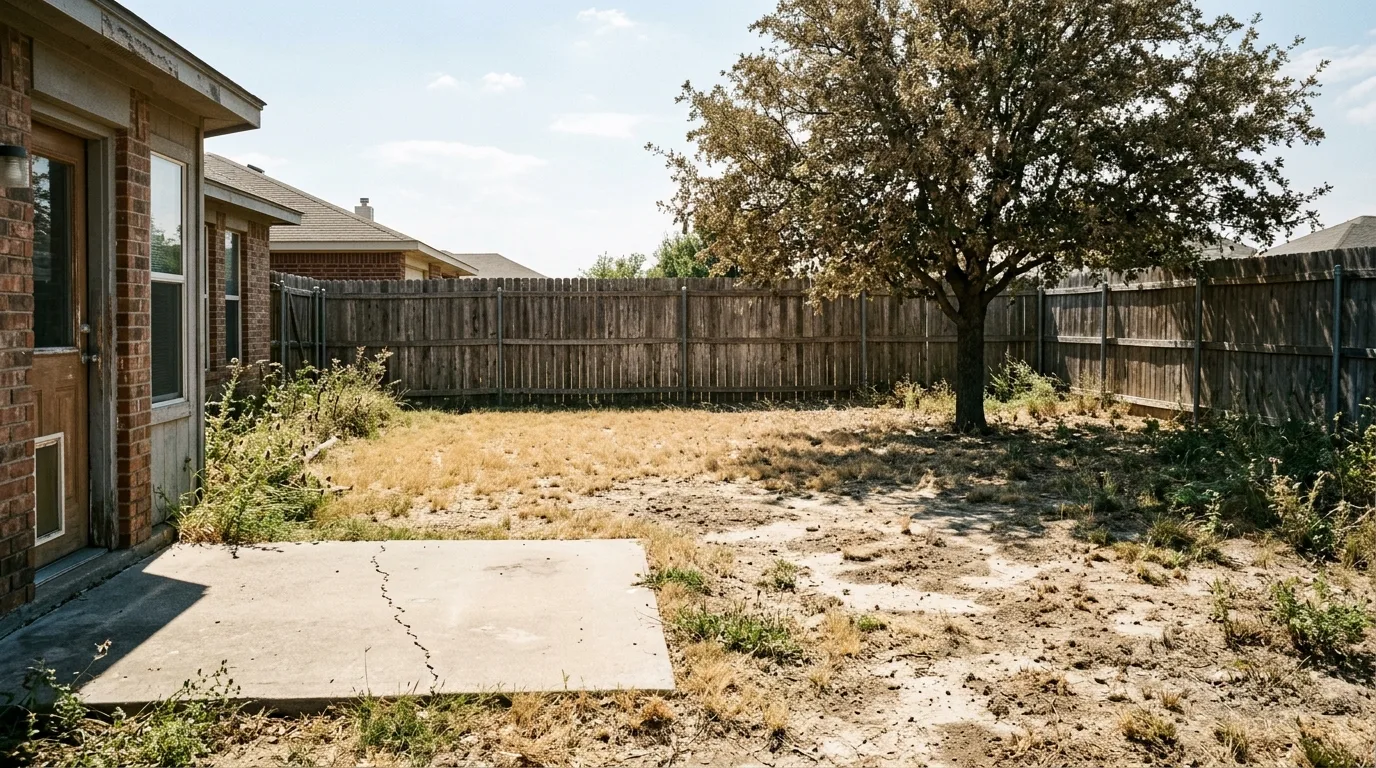A sun-baked American suburban back yard in late summer with a failed lawn, bare compacted soil patches, dormant straw coloured grass, weeds at the edges and a cracked concrete patio slab