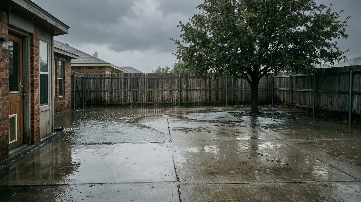 The same back yard paved entirely in solid concrete with no permeable area, photographed in heavy rain with standing water pooling against the house wall under a dark storm sky