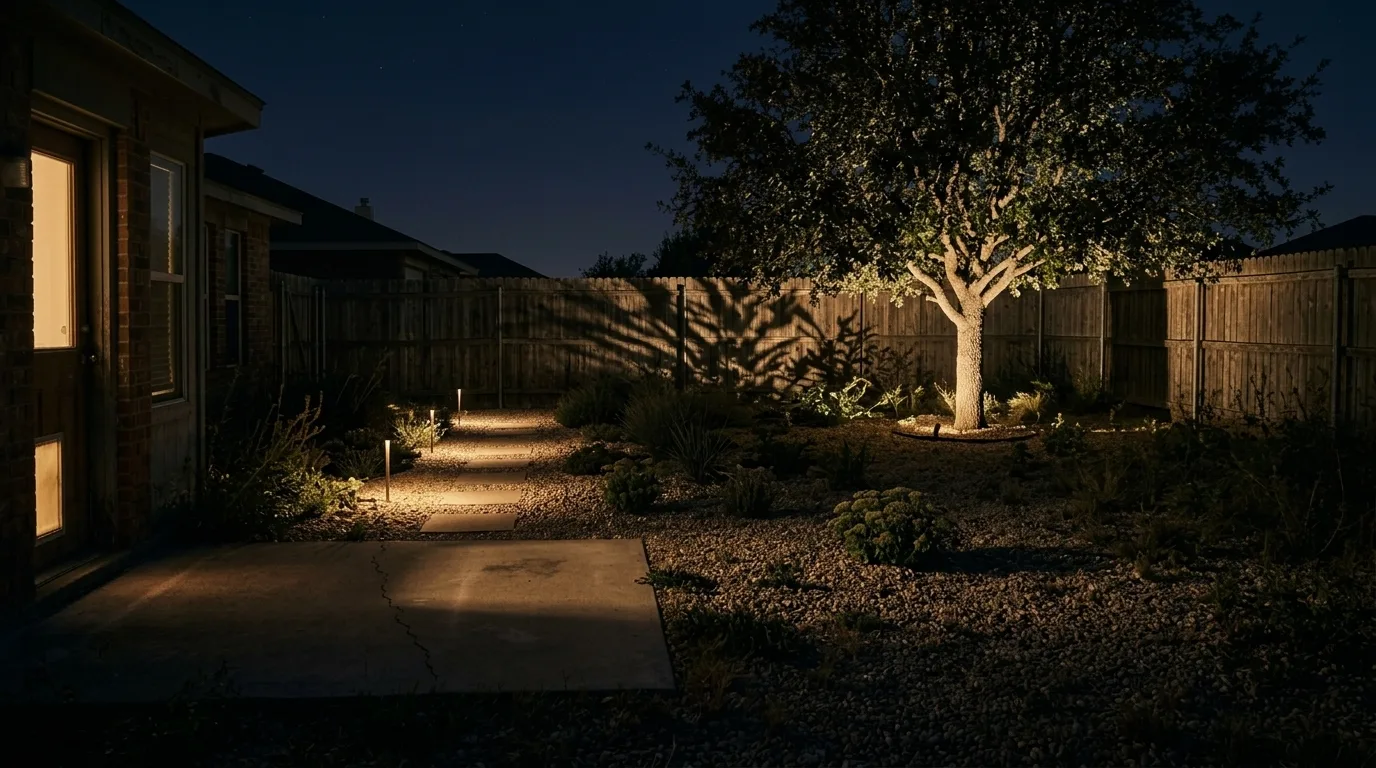 The same gravel and planting scheme photographed at night, lit only by landscape lighting with warm uplights on the tree throwing leaf shadows onto the fence and pools of light on the gravel