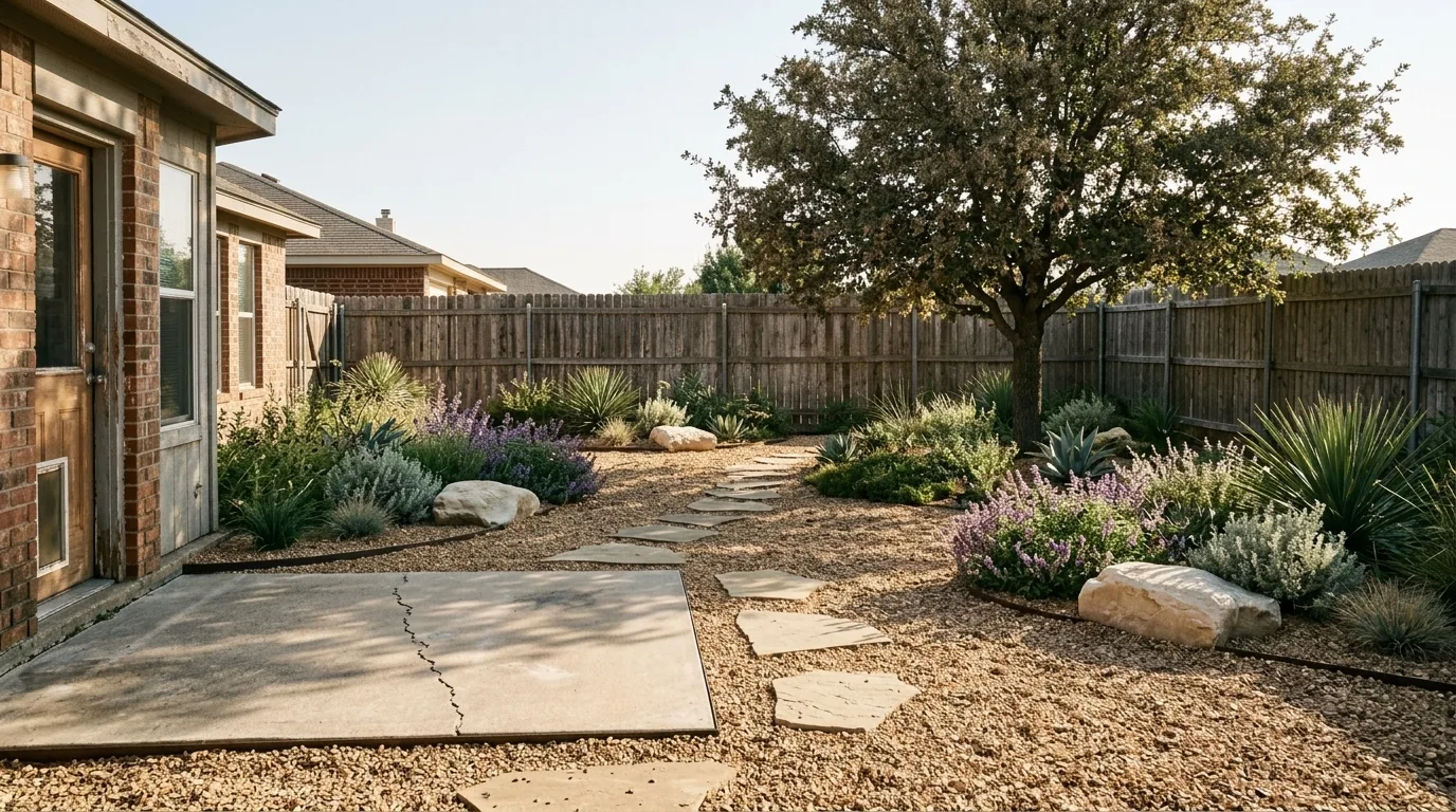 The same back yard converted to a gravel garden with warm buff angular gravel, drifts of drought tolerant planting, pale boulders and stone stepping pads, in low raking afternoon sun