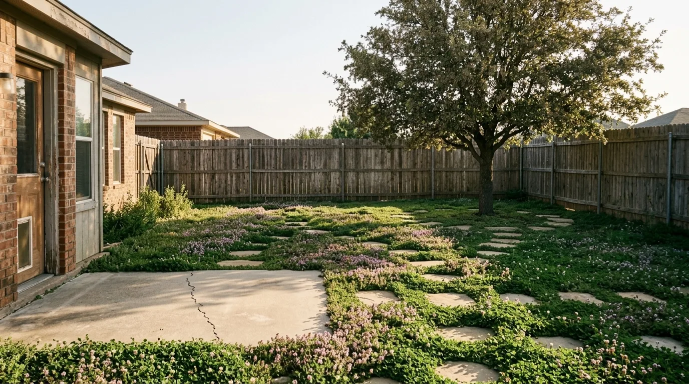The same back yard planted with creeping thyme and clover ground cover studded with flat stone pavers, in warm side light grazing across the low planting