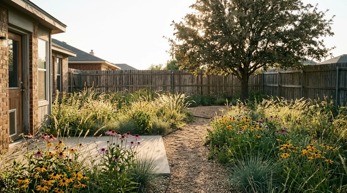 The same back yard replaced by a native meadow of coneflower, black eyed susan and prairie grasses, backlit by low golden sun so the seed heads glow