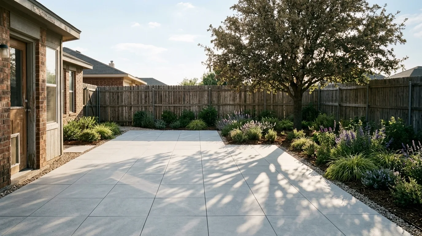 The same back yard paved with large format pale grey porcelain pavers and planting beds against the fence, with a long hard tree shadow raking across the paving in low sun