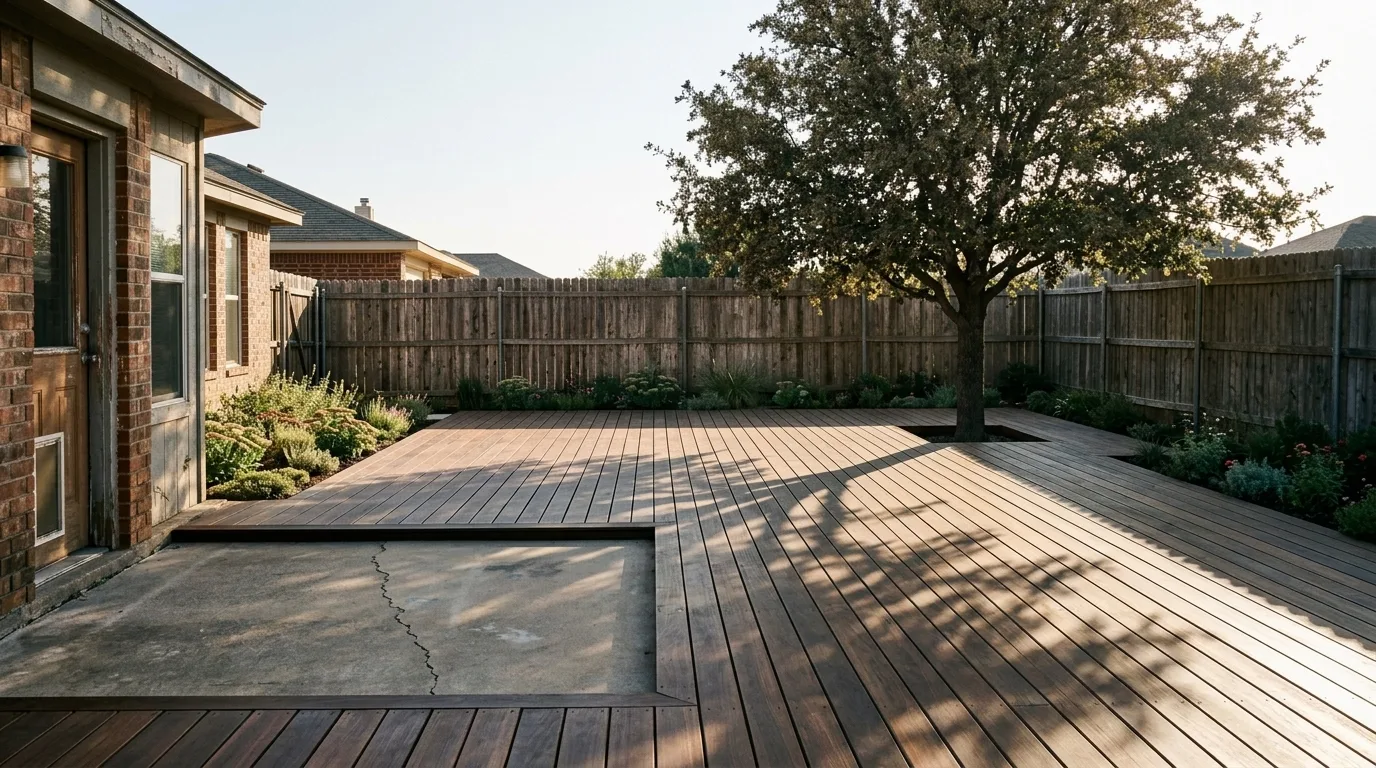 The same back yard with a low level hardwood deck built over most of it, a square cut out around the mature tree, and low sun raking along the deck boards