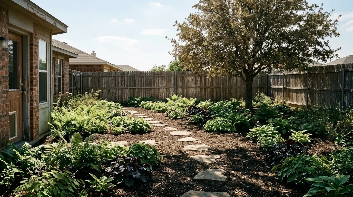 The same back yard as a shade garden with deep dark bark mulch, ferns, hosta and heuchera under the mature tree, with bright dappled sunlight falling through the canopy