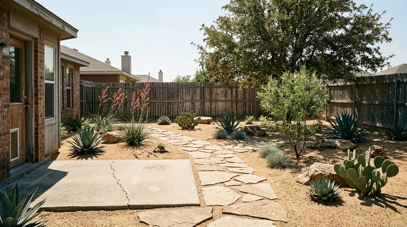 The same back yard as a desert xeriscape with decomposed granite, flagstone path, agave, prickly pear, red yucca and boulders under hard bright sun with crisp shadows