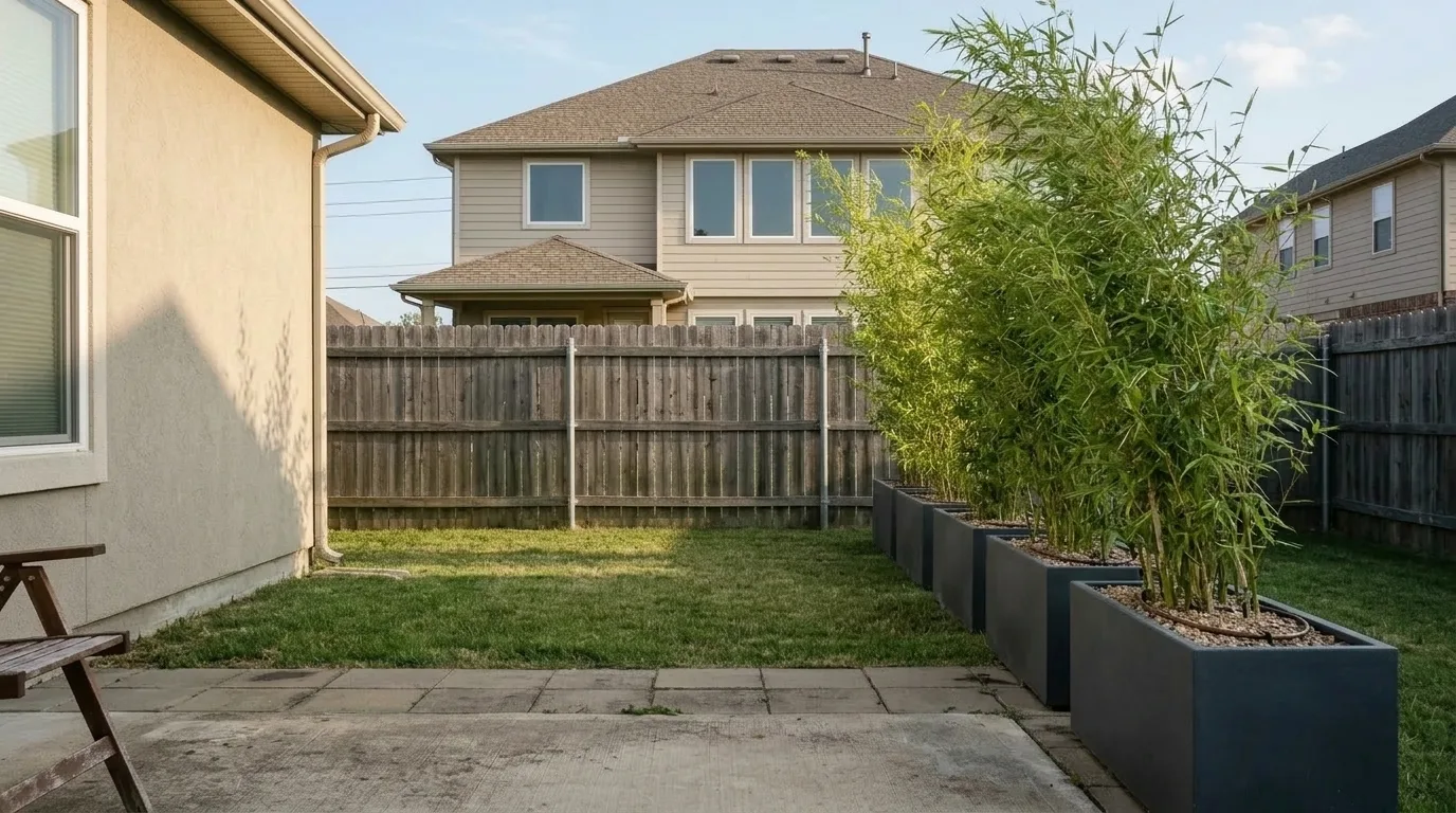 The same back yard with tall clumping bamboo planted in a run of large dark rectangular containers along the patio edge nearest the neighbouring house