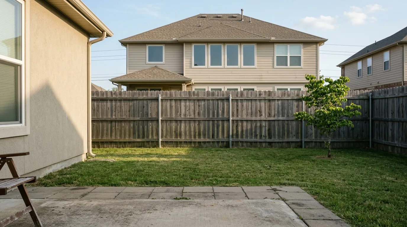 An American suburban back yard photographed from a seated position on the patio, showing a two storey neighbouring house whose six upstairs windows look straight down into the yard over a six foot timber fence