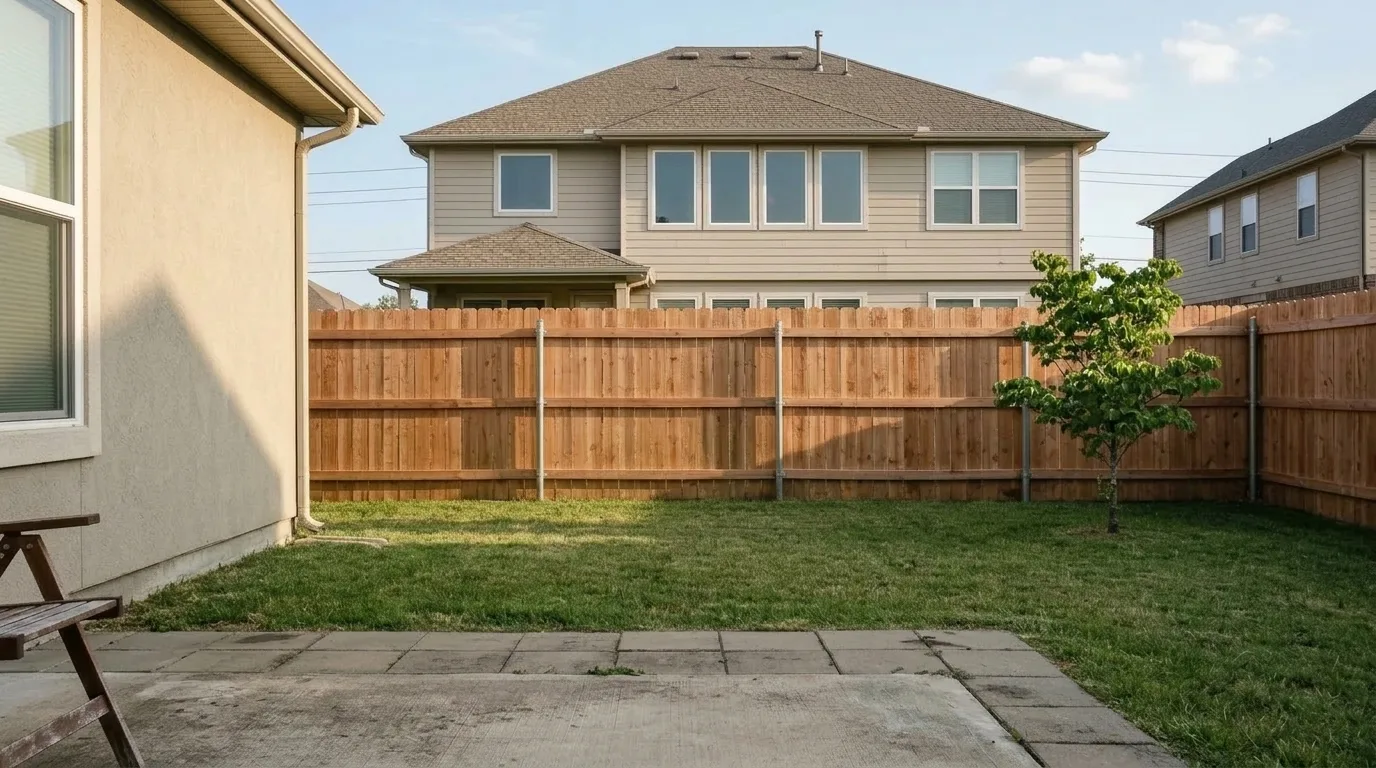 The same overlooked back yard with a brand new taller timber privacy fence, where the neighbouring upstairs windows are still clearly visible above the new fence and the yard now sits in shadow