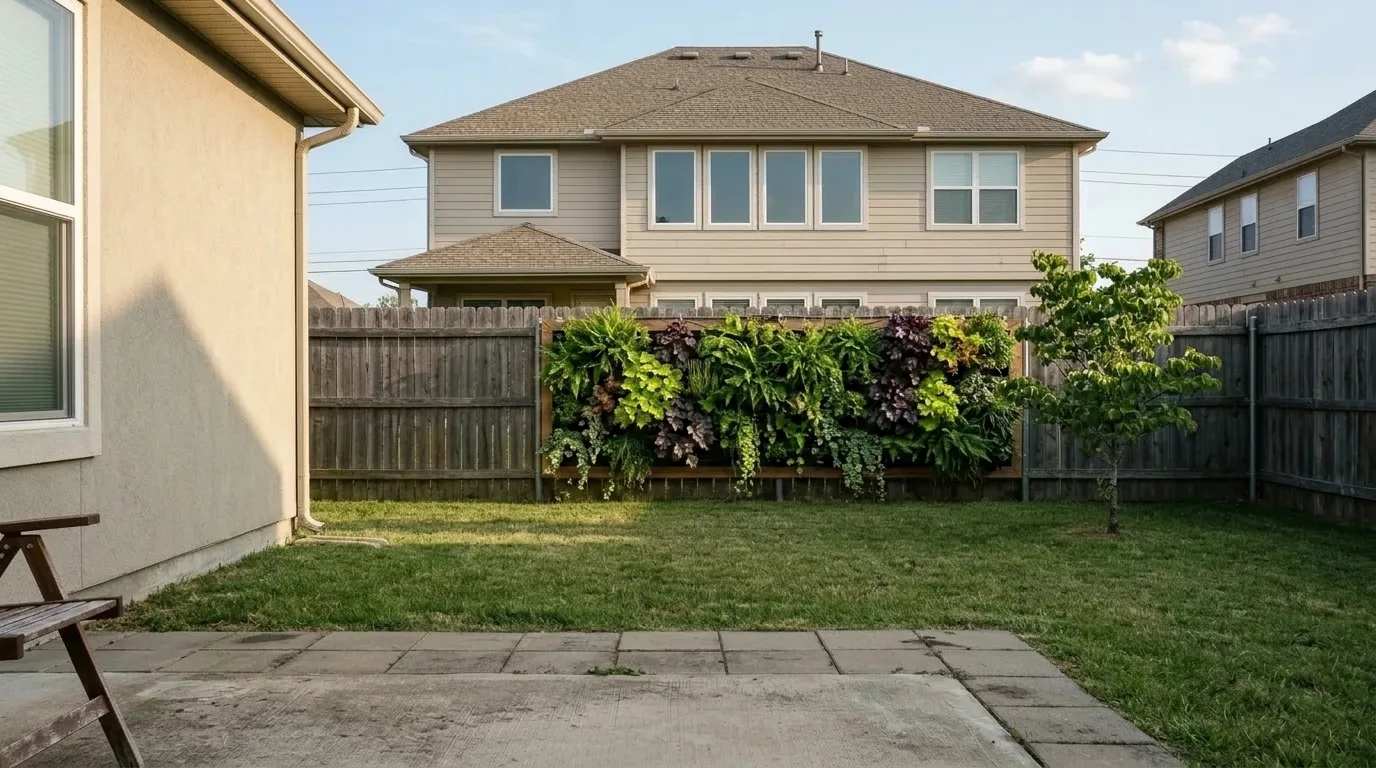 The same back yard with a living green wall of ferns, heuchera and trailing plants built against the existing boundary fence