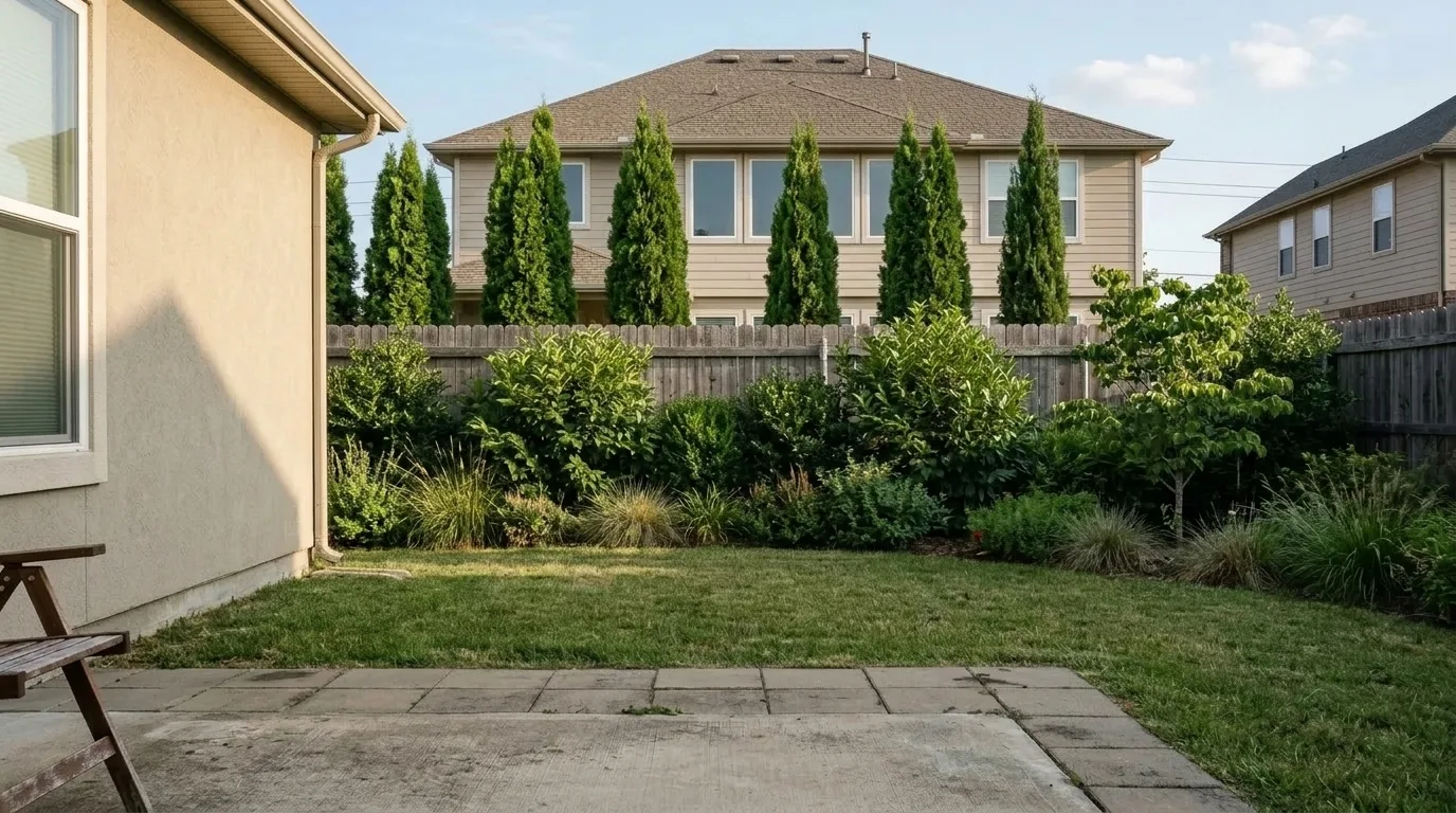 The same back yard with a layered evergreen privacy screen along the boundary, using columnar evergreens at the back, large shrubs in the middle and ornamental grasses at the front
